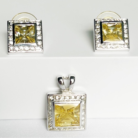 FANCY Canary Yellow and White Zirconias Earrings and Pendant Set 10K Gold Plated - Picture 5 of 8